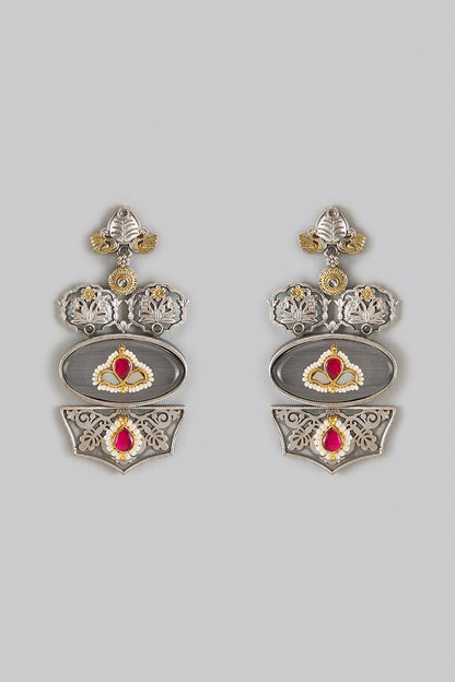 Oxidized Silver Finish Kundan Polki Dangler Earrings