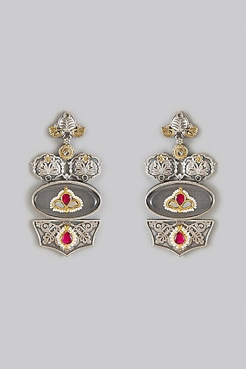 Oxidized Silver Finish Kundan Polki Dangler Earrings