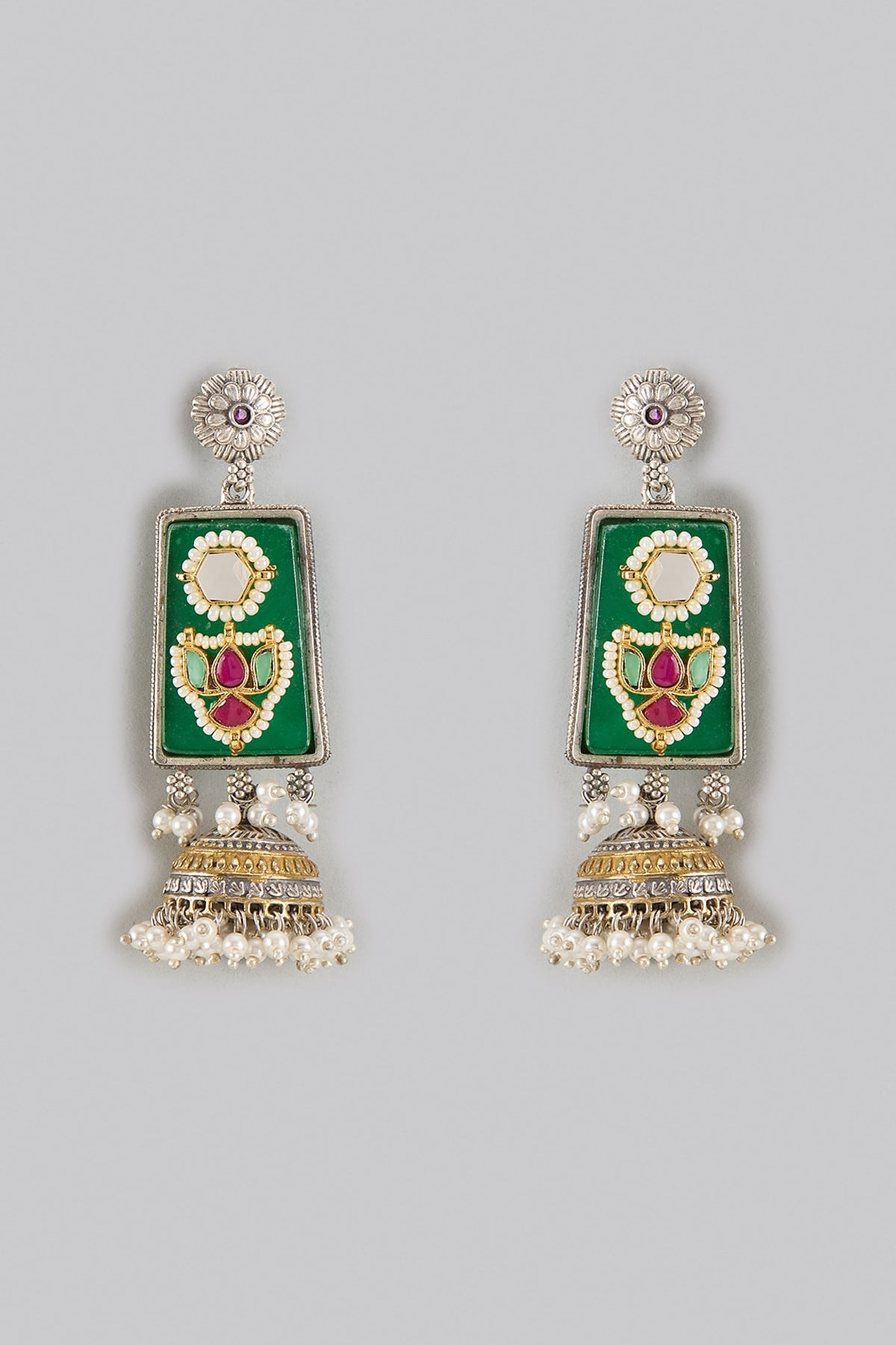 Oxidized Silver Finish Kundan Polki Dangler Earrings