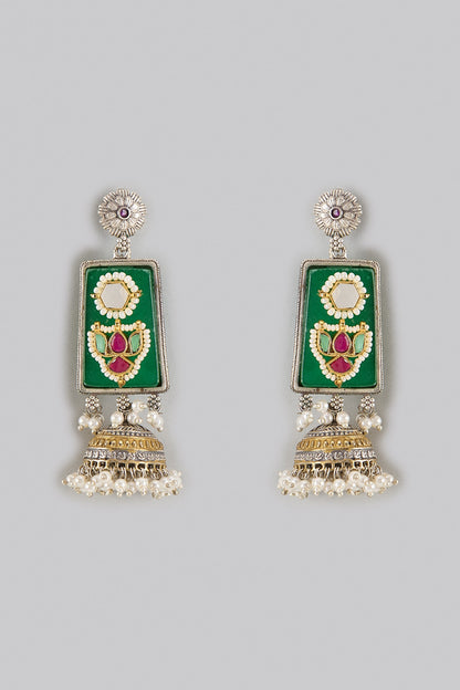 Oxidized Silver Finish Kundan Polki Dangler Earrings