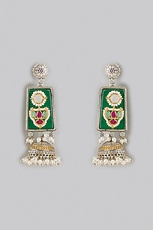 Oxidized Silver Finish Kundan Polki Dangler Earrings