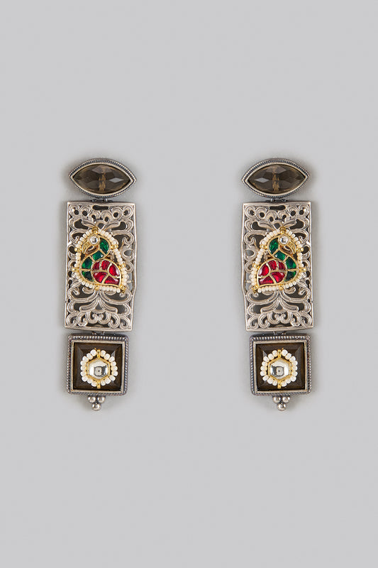 Oxidized Silver Finish Kundan Polki Dangler Earrings