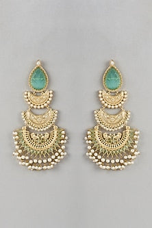Gold Finish Aqua Stone & Beaded Chandbali Earrings