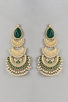 Gold Finish Green Stone & Beaded Chandbali Earrings