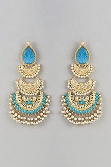 Gold Finish Blue Stone & Beaded Chandbali Earrings