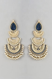 Gold Finish Blue Stone & Beaded Chandbali Earrings