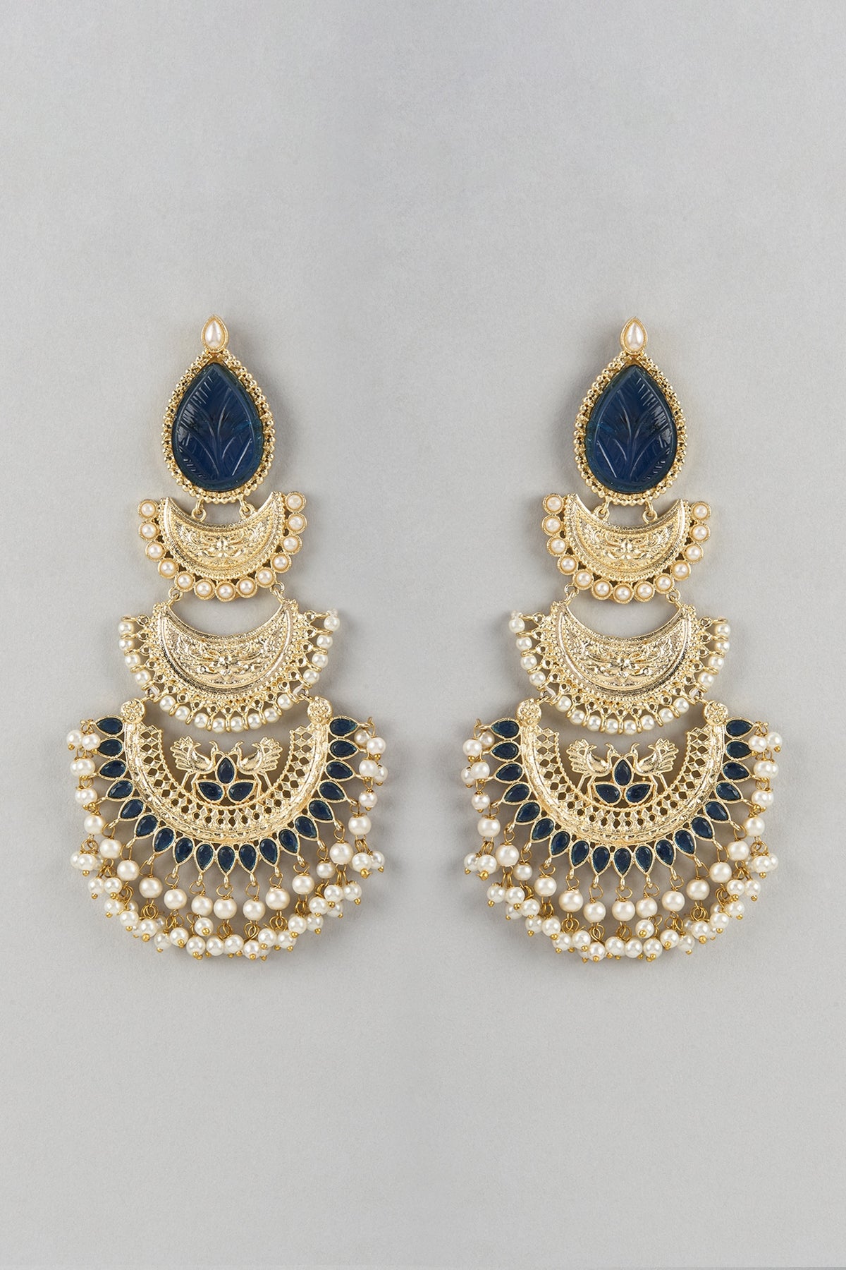Gold Finish Blue Stone & Beaded Chandbali Earrings
