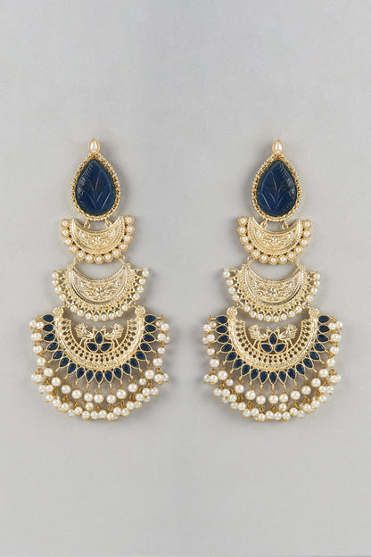 Gold Finish Blue Stone & Beaded Chandbali Earrings