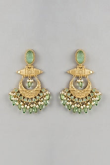 Gold Finish Aqua Stone & Beaded Chandbali Earrings