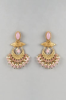 Gold Finish Pink Stone & Beaded Chandbali Earrings