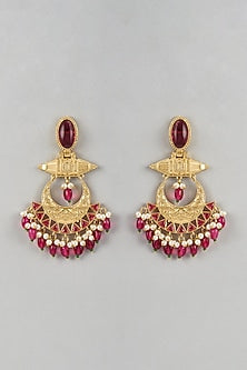Gold Finish Red Stone & Beaded Chandbali Earrings