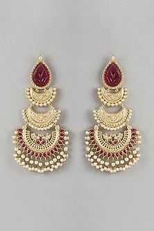 Gold Finish Red Stone & Beaded Chandbali Earrings