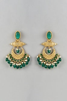 Gold Finish Green Stone & Beaded Chandbali Earrings