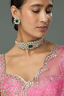 Gold Finish Kundan Polki & Green Stone Choker Necklace Set