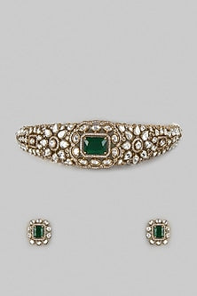 Gold Finish Kundan Polki & Green Stone Choker Necklace Set