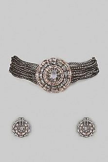 Two-Tone Finish Baguette Stone & Beaded Choker Necklace Set