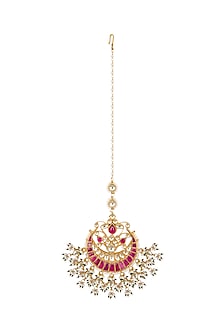 Gold Finish Red Kundan & Pearls Bridal Maang Tikka