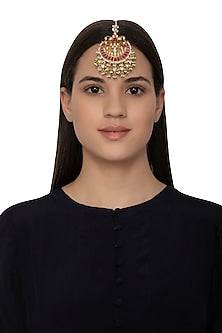 Gold Finish Red Kundan & Pearls Bridal Maang Tikka