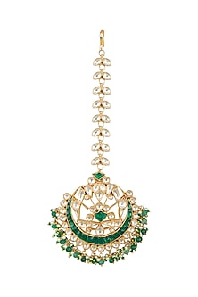 Gold Finish Green Kundan & Pearls Bridal Maang Tikka