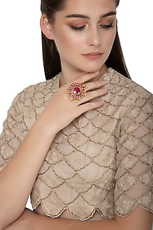 Gold Finish Ruby Red Kundan Floral Ring