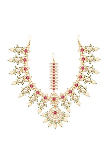 Gold Finish Kundan & Pearls Floral Motif Bridal Matha Patti
