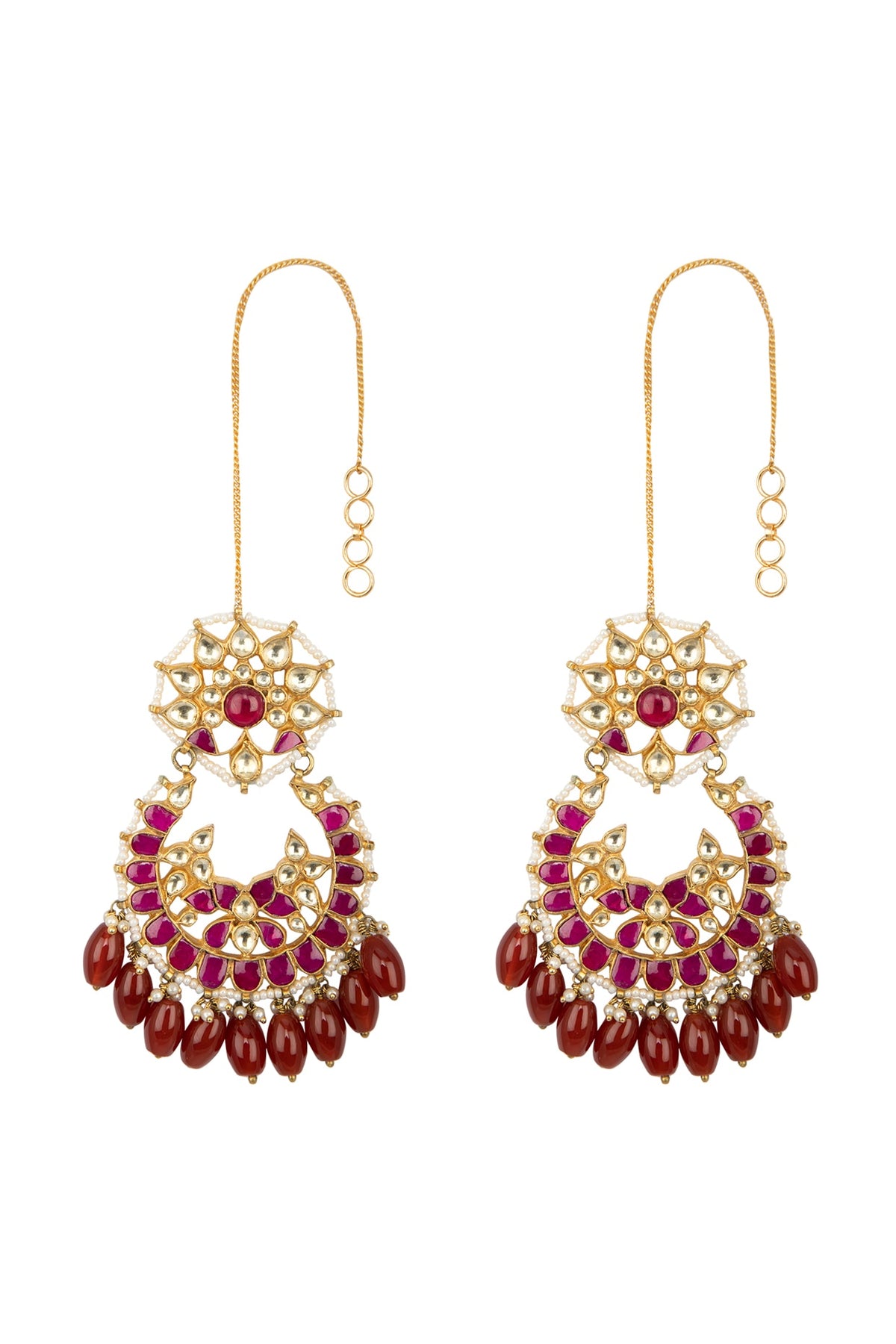 Gold Finish Red Kundan & Beads Chandbali Earrings