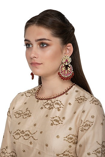 Gold Finish Red Kundan & Beads Chandbali Earrings