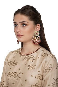 Gold Finish Red Kundan & Beads Chandbali Earrings