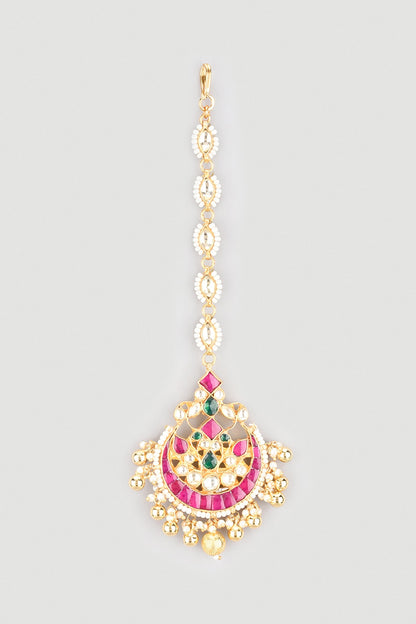 Gold Finish Kundan Polki Maang Tikka With Pearls
