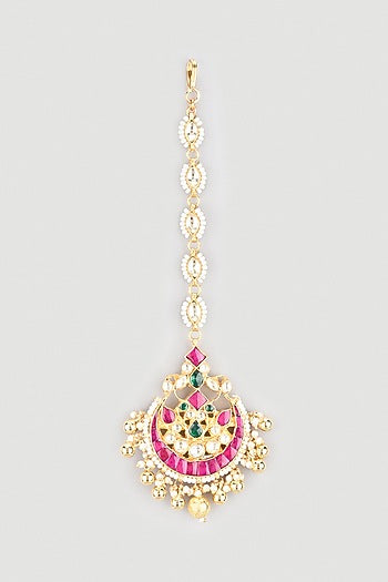 Gold Finish Kundan Polki Maang Tikka With Pearls