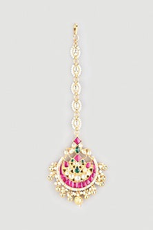 Gold Finish Kundan Polki Maang Tikka With Pearls
