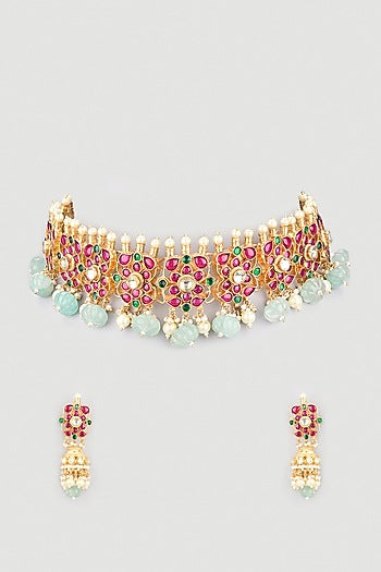 Gold Finish Kundan Polki Handcrafted Choker Necklace Set