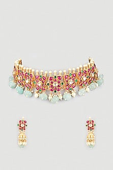 Gold Finish Kundan Polki Handcrafted Choker Necklace Set