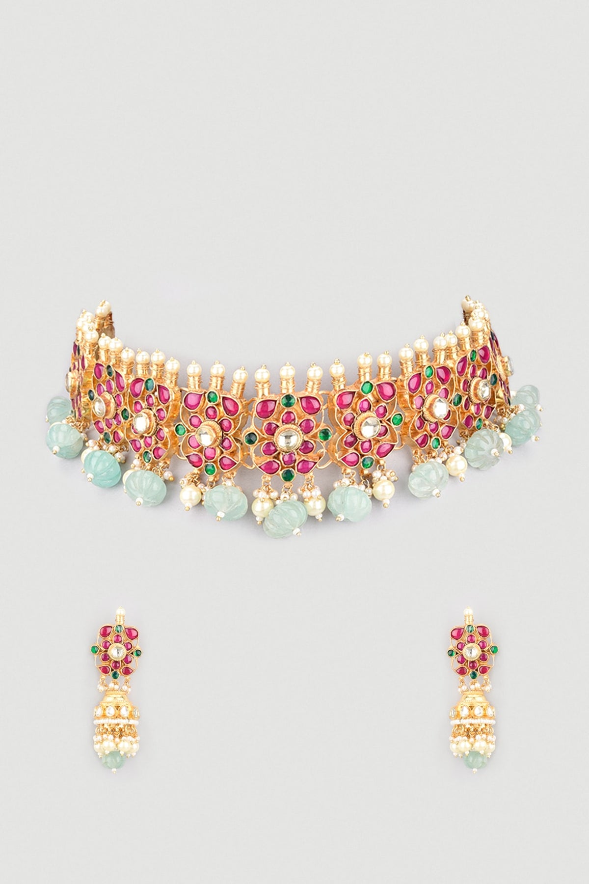 Gold Finish Kundan Polki Handcrafted Choker Necklace Set