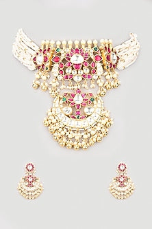 Gold Finish Kundan Polki Handmade Choker Necklace Set