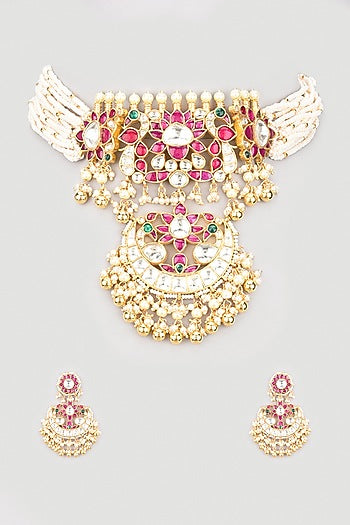 Gold Finish Kundan Polki Handmade Choker Necklace Set