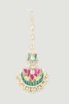 Gold Finish Kundan Polki Maang Tikka With Pearls