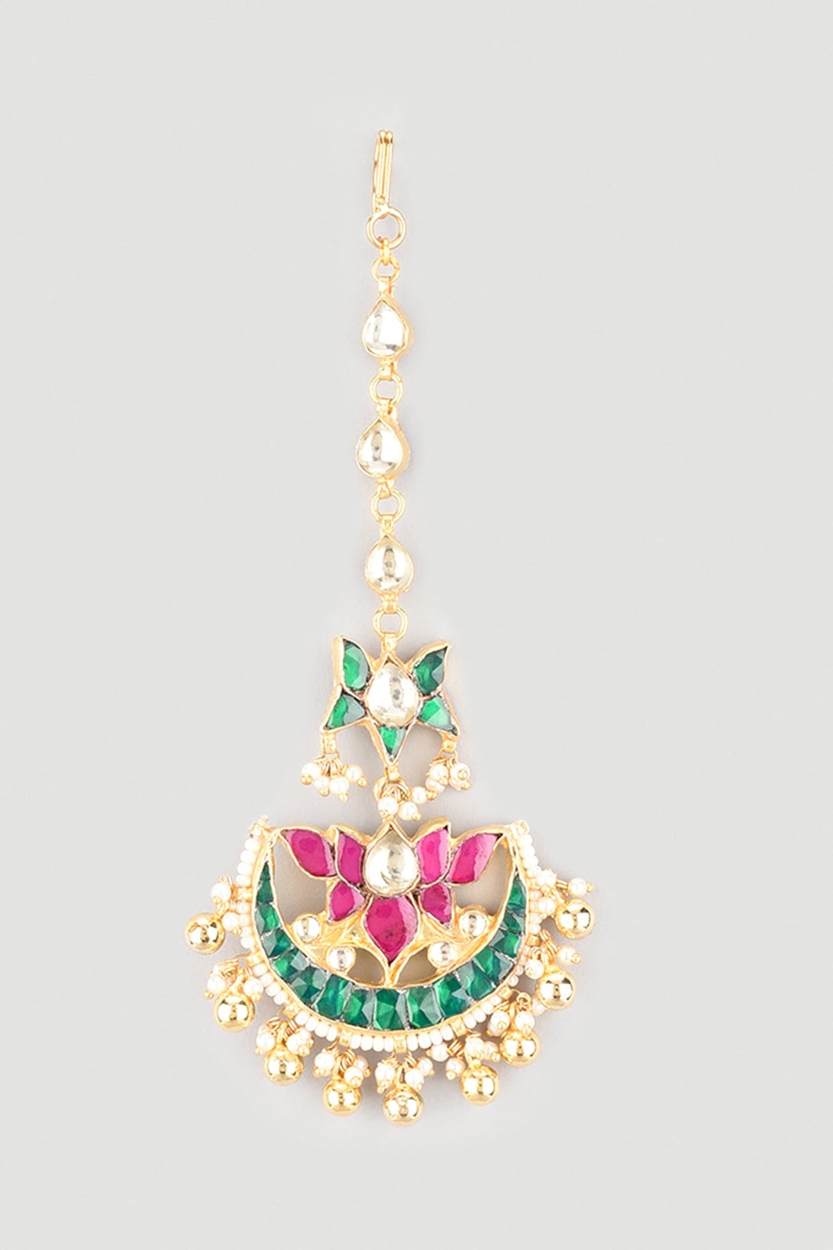 Gold Finish Kundan Polki Maang Tikka With Pearls