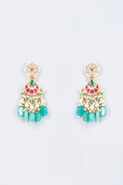 Gold Finish Multi-Colored Kundan Polki Dangler Earrings