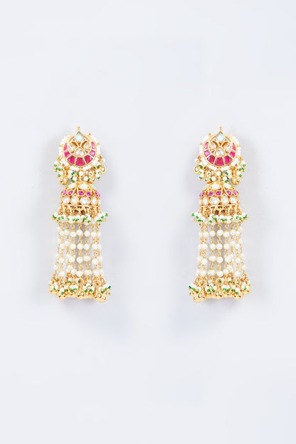 Gold Finish Multi-Colored Kundan Polki & Pearl Dangler Earrings
