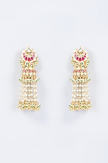Gold Finish Multi-Colored Kundan Polki & Pearl Dangler Earrings