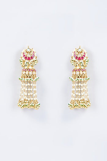 Gold Finish Multi-Colored Kundan Polki & Pearl Dangler Earrings