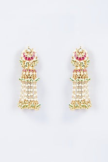 Gold Finish Multi-Colored Kundan Polki & Pearl Dangler Earrings