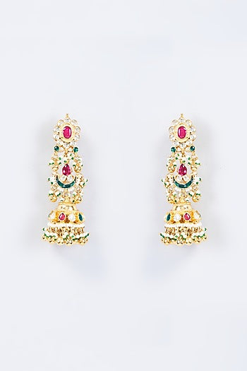 Gold Finish Multi-Colored Kundan Polki & Pearl Dangler Earrings