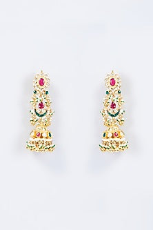 Gold Finish Multi-Colored Kundan Polki & Pearl Dangler Earrings
