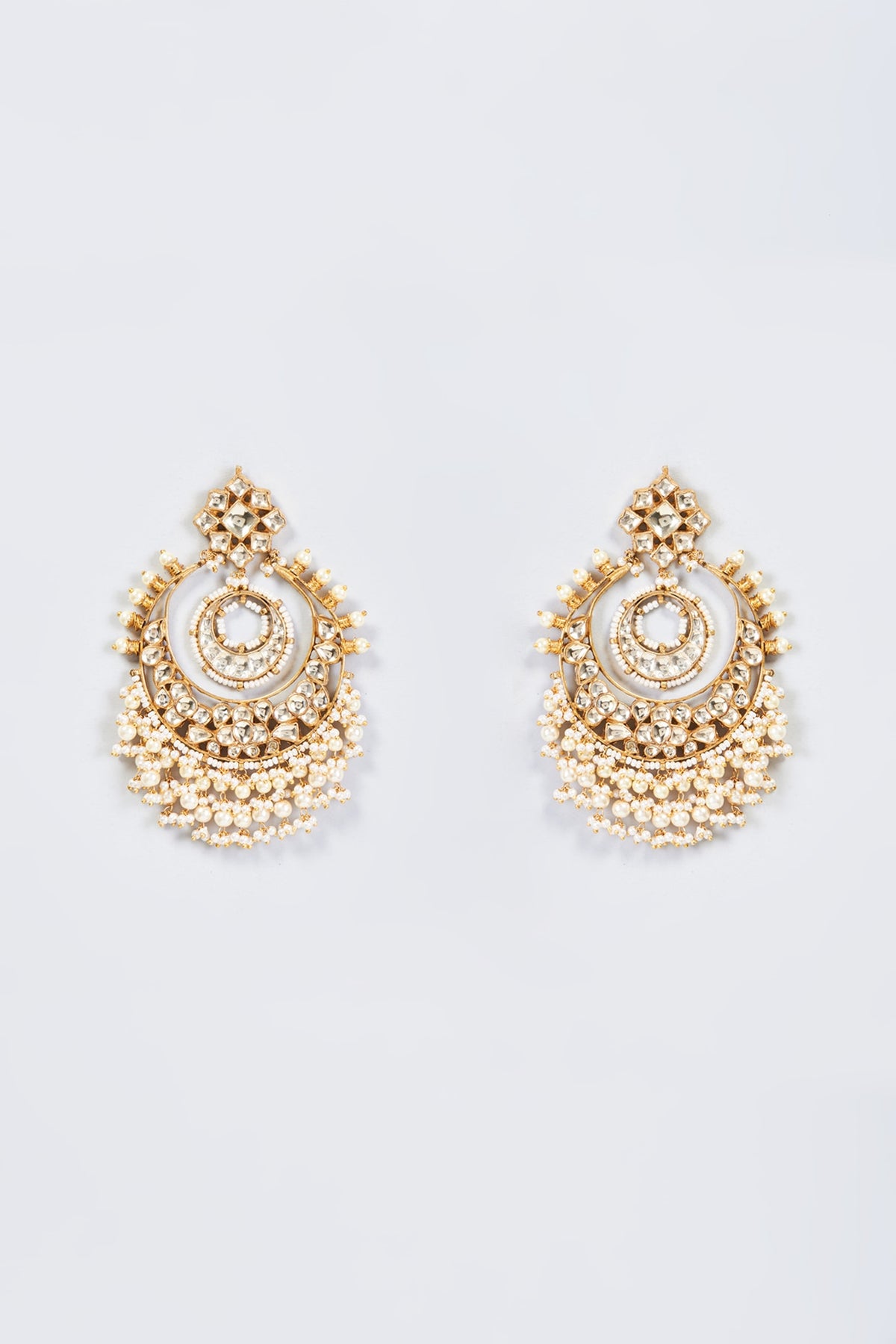 Gold Finish White Kundan Polki Chandbali Earrings