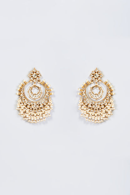 Gold Finish White Kundan Polki Chandbali Earrings