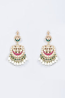 Gold Finish Multi-Colored Kundan Polki Chandbali Earrings