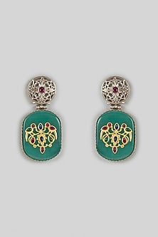 White Finish Kundan Polki & Green Synthetic Stone Dangler Earrings