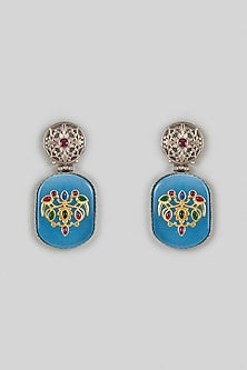 White Finish Kundan Polki & Blue Synthetic Stone Dangler Earrings